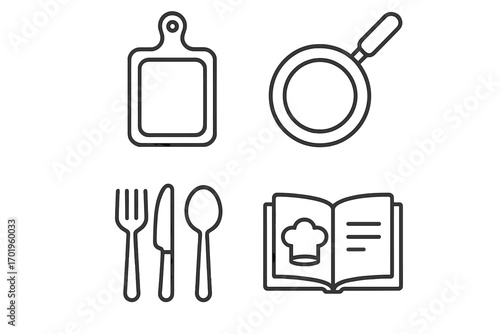 Kitchen and cooking linear icons set. Culinary equipment symbols. Vector graphic elements for restaurant menu, recipe book, food blog. Cutting board, pan, cutlery, cook book.