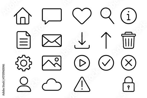 Essential UI line icon set for web and mobile apps. Vector collection of universal symbols for user interface design. Includes home, search, heart, settings, and profile icons.
