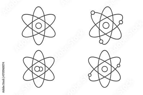 Isolated atom orbit icons set, simple editable stroke line art, vector cartoon illustration, scientific atomic models, web, books, cards, apps design collection