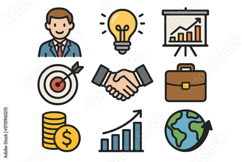 Machine learning concept cartoon vector illustration set with businessman, light bulb, target, handshake, briefcase, coins, growth chart, and globe icons on transparent background