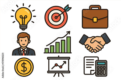 Business concept vector icons set with light bulb idea, target, briefcase, businessman, growth chart, handshake, dollar coin, presentation board, and calculator document illustration