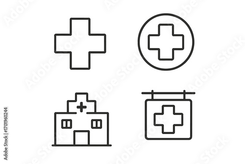 Medical cross hospital symbol thin line icons bundle, editable stroke vector illustrations for healthcare, medical services, clinics, web, apps, cards, books transparent elements