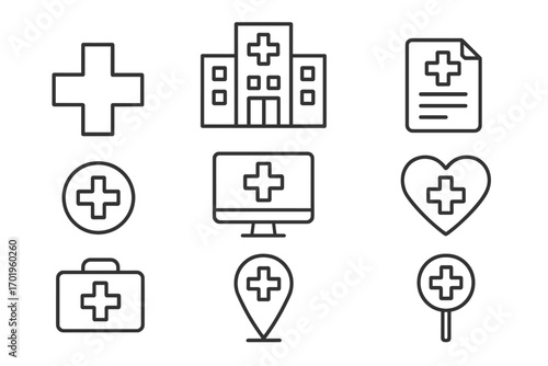 Medical cross icons set, hospital symbols, healthcare line art for websites, books, cards, apps. Editable stroke vector, healthcare design elements, medical symbols pack