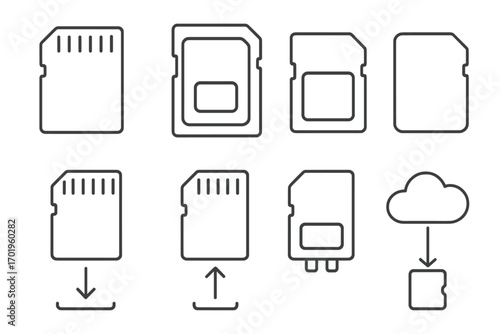 MicroSD memory card thin line icons pack, editable stroke vector set for web design, apps, books, cards, technology, data storage symbols, cartoon style transparent background