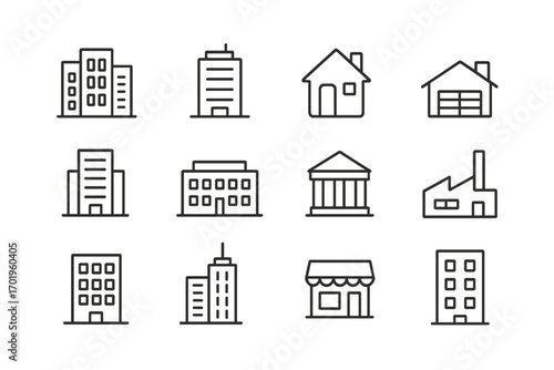 Building line icon set. Real estate and architecture symbols. Urban construction pictogram collection. House, home, office, bank, factory, store, skyscraper. Editable stroke.