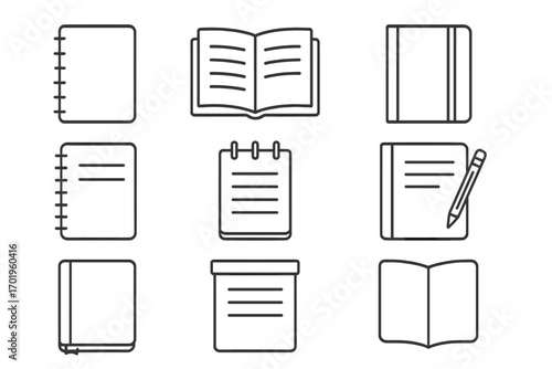 Thin line icons of notebooks and books for notes, writing, study, journal, diary, sketchbook, editable stroke vector, digital and paper stationary concept, web and app design