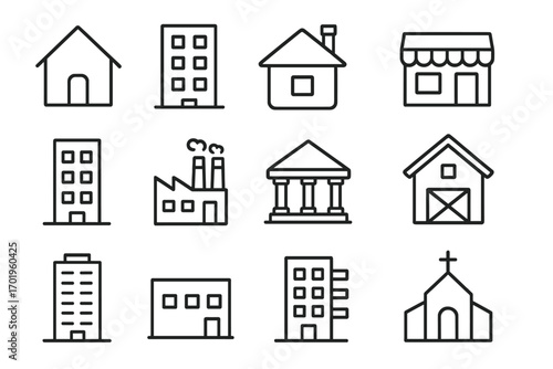 Building icon set. Thin line art collection of real estate and architecture symbols. Home, house, office, factory, bank, shop, barn, church vector icons. Minimalist outline pictograms.