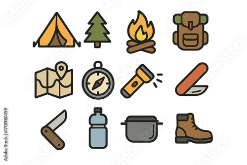 Camping icon set for outdoor adventure and hiking. Vector collection of essential equipment and gear symbols. Minimalist cartoon illustration pack for travel and tourism.