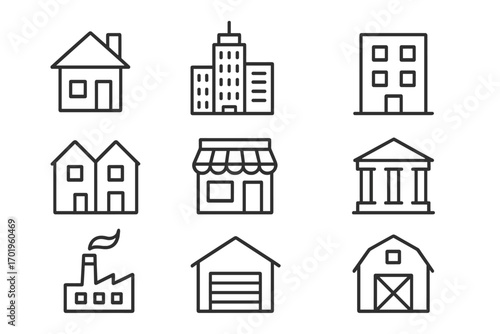 Building icon collection. Real estate and construction thin line icons. Vector symbols for house, home, office, store, bank, factory, garage, barn. Editable stroke signs.