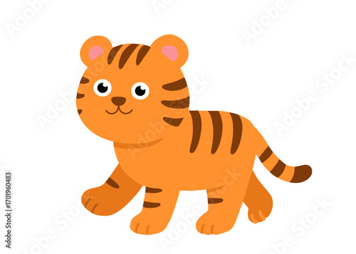 Vector illustration of a cute tiger cub in cartoon style. Bright orange baby tiger with stripes, perfect for children’s books, posters, flashcards, and educational materials.