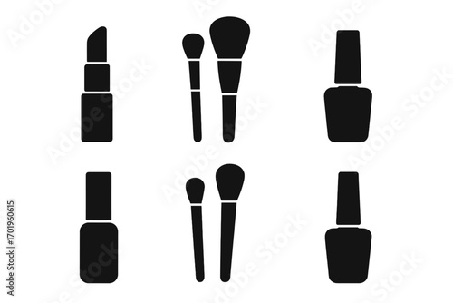 Cosmetics icon set with lipstick, makeup brush, nail polish bottle. Black silhouette vector illustration. Beauty salon, glamour, fashion, manicure, makeup artist symbols.