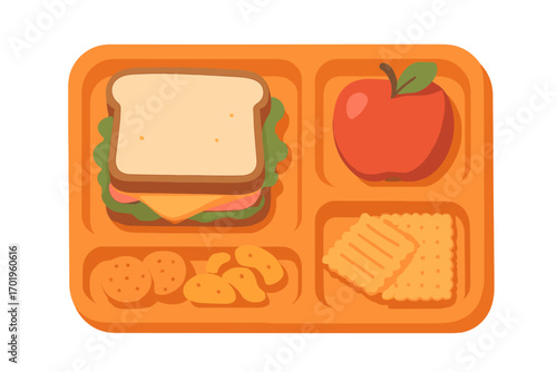 School lunch tray with sandwich, apple, and snacks. Kids meal in a cafeteria. Healthy food for children's nutrition and back to school. Vector cartoon flat design illustration.
