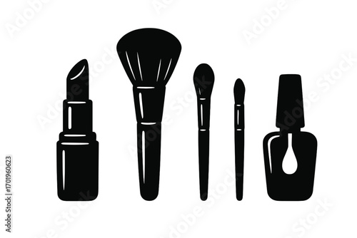 Cosmetic icons set with lipstick, makeup brushes, and nail polish in black silhouette. Vector illustration of beauty products for glamour, salon, or makeup artist design.