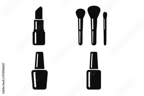 Cosmetic icons set silhouette. Makeup and beauty product symbols. Lipstick, nail polish, makeup brushes. Vector graphic elements for salon, manicure, glamour design. Black.
