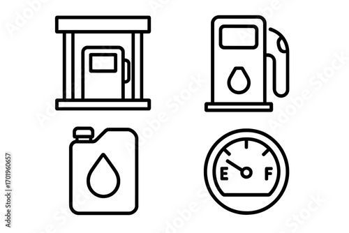 Fuel and gas station line icon set. Vector illustration of a petrol pump, fuel canister, and car dashboard gauge. Simple outline symbols for energy and transport concepts.