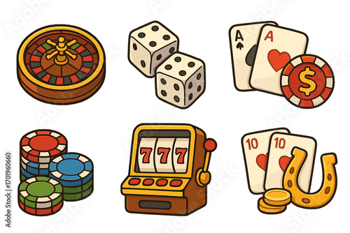 Casino gambling cartoon icons set. Vector flat design elements. Roulette wheel, dice, playing cards, poker chips, slot machine jackpot 777, lucky horseshoe, aces, betting.
