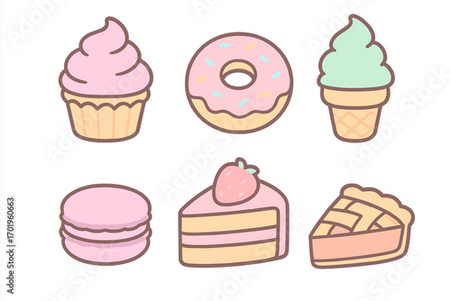 Cute pastel desserts icon set. Kawaii cartoon vector illustration collection with cupcake, donut, macaron, ice cream, cake, and pie. Sweet food, bakery, pastry graphic.