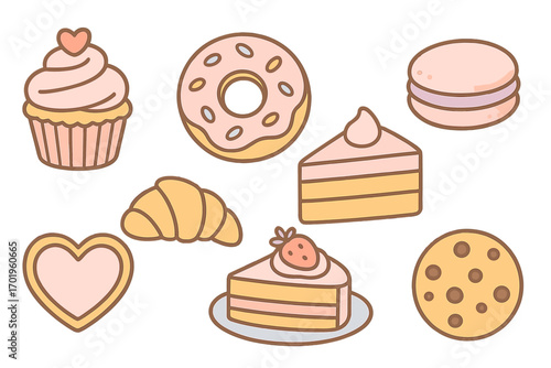 Cute bakery treats collection. Cartoon dessert set. Vector illustration of sweet food like cake, cupcake, donut, macaron, croissant, cookie. Pastel patisserie icons.