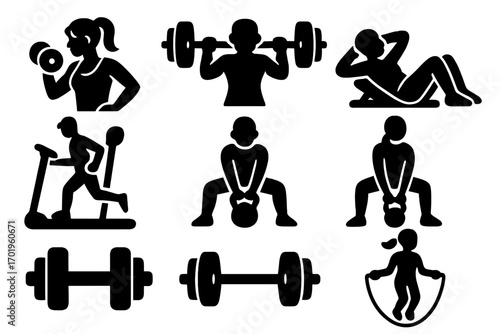 Fitness exercise and gym workout vector icon set. People training with dumbbell, barbell, kettlebell. Man and woman doing cardio and strength training. Active lifestyle symbols.