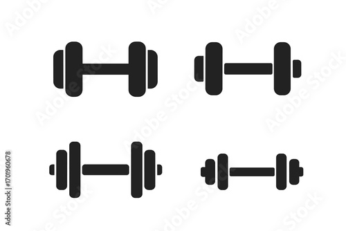 Dumbbell icon set. Minimalist black silhouette for fitness and gym. Vector illustration. Weightlifting equipment for workout, strength training, exercise, and bodybuilding.
