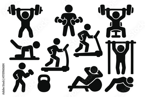 Fitness and gym workout icons set. Vector silhouettes of people exercising. Bodybuilding, weightlifting, cardio and training symbols for health and wellness concepts.
