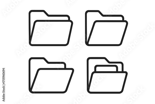 Folder icon set for data storage and file organization. Vector line art illustration for business documents, office archives, and digital directory management. Minimalist design.