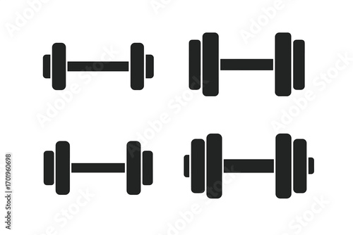 Dumbbell icon set. Weights for bodybuilding. Fitness pictogram collection. Gym workout symbol. Strength training equipment. Black silhouette. Exercise vector graphics. Sport.