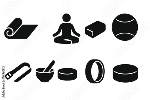 Yoga meditation fitness equipment icon set. Minimalist black silhouette vector collection. Includes yoga mat, block, wheel, stability ball, lotus pose, and wellness items.