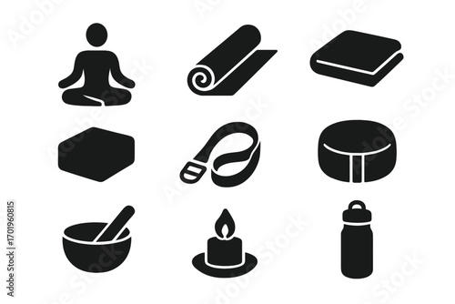 Yoga and meditation icon set. Minimalist glyph silhouette collection of fitness and wellness equipment. Vector symbols for zen balance, spiritual practice, and healthy lifestyle.