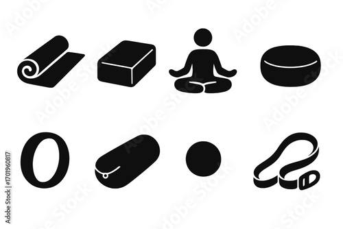 Yoga and meditation equipment icon set. Minimalist silhouette vector graphic. Fitness accessories for wellness, pilates, spiritual practice. Includes mat, block, strap, bolster, cushion.