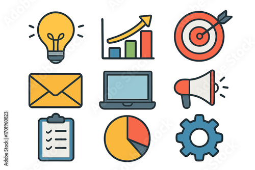 Business marketing icon set for strategy and data analysis. Vector thin line collection with startup idea lightbulb, growth chart, target, email, and promotion megaphone.