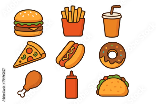 Fast food icons set. Simple cartoon vector illustration of burger, fries, drink, pizza, hot dog, donut, taco. Unhealthy junk food concept. Isolated food graphics for menu.
