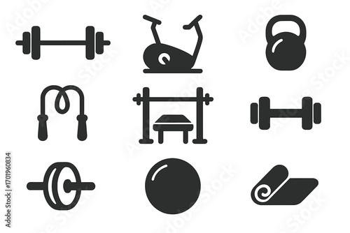 Fitness equipment icon set. Gym workout and home exercise symbols. Vector pictogram collection. Barbell, dumbbell, kettlebell, bike, jump rope, bench press, ab wheel, ball, mat.