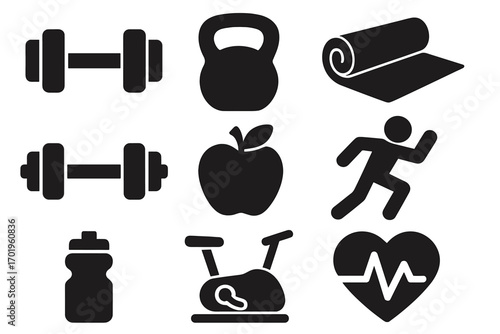 Fitness icon set for gym workout. Health and sport concept. Dumbbell, kettlebell, yoga mat, exercise bike, running man, apple, heart rate. Vector silhouette illustration.