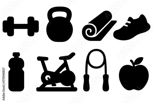 Gym workout and fitness icon collection. Health and sport equipment symbols like dumbbell, kettlebell, yoga mat, trainer. Healthy lifestyle vector graphic elements set isolated.