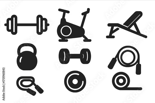 Fitness equipment icon set. Vector gym symbols for workout and bodybuilding. Minimalist silhouette design of dumbbell, barbell, kettlebell, exercise bike, and workout bench.