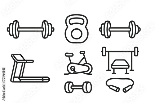Fitness equipment icon set. Vector line art symbols for gym and home workouts. Dumbbell, barbell, kettlebell, treadmill, exercise bike for strength and cardio training.