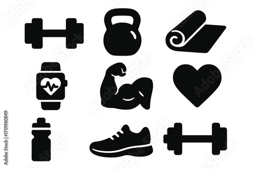 Fitness icon set with dumbbell, kettlebell, yoga mat. Gym workout exercise symbols. Health signs like bicep, heart, smartwatch. Vector silhouette glyph collection.