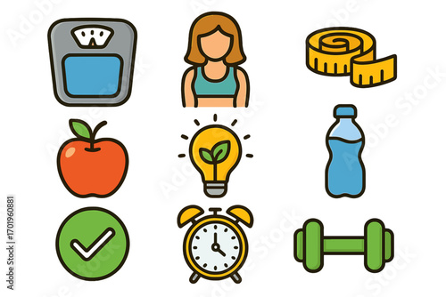 Health and fitness icons set for wellness and weight management. Vector symbols for healthy lifestyle, diet, and exercise. Includes scale, apple, dumbbell, and water bottle.