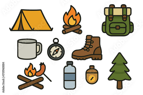 Camping and hiking icon set. Vector collection of outdoor adventure equipment. Flat cartoon illustration with tent, campfire, backpack, compass for travel and nature exploration.