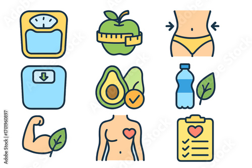 Health and fitness icons set for weight management and wellness. Vector symbols for diet, nutrition, exercise, body goals. Healthy lifestyle cartoon illustration collection.