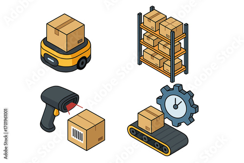 Set of warehouse automation icons in isometric style. Vector cartoon graphics of robotics, inventory, barcode scanning, and conveyor belt for logistics and supply chain efficiency.