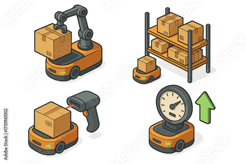 Isometric warehouse automation icon set. Vector illustration of robotic arm, AGV, barcode scanner, and efficiency meter for smart logistics, inventory and storage management.