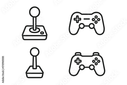 Pack of minimalist line icons of joystick and game controller, editable stroke vector set, linear gaming symbols for app design, UI, banners, posts, cartoon style illustration