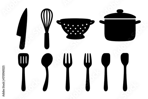 Kitchen utensil silhouette icon set. Vector collection of cooking tools including knife, whisk, colander, pot, spatula, spoon, and fork. Cookware and cutlery icons for design.