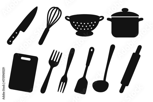 Kitchen utensil icons set. Cooking tools silhouette with knife, whisk, colander, pot, cutting board, spatula, ladle, rolling pin. Vector graphic of cookware and kitchenware.