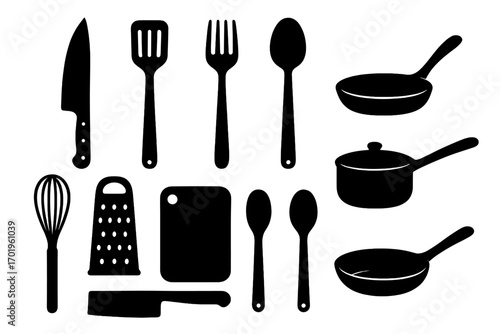 Kitchen utensils icon set. Cooking equipment silhouette collection. Vector illustration for culinary design. Chef tools, kitchenware, cutlery, pan, pot, knife, fork, spoon.