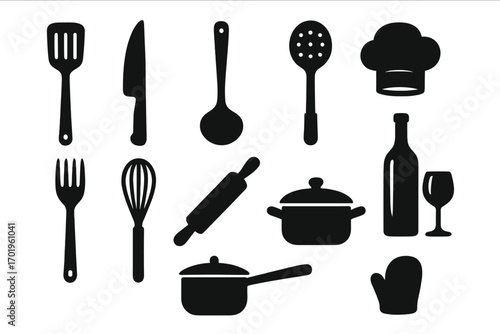 Kitchen utensils icon set. Black silhouette cooking tools for culinary design. Vector graphic collection of cookware, cutlery and chef equipment for a restaurant or food blog.