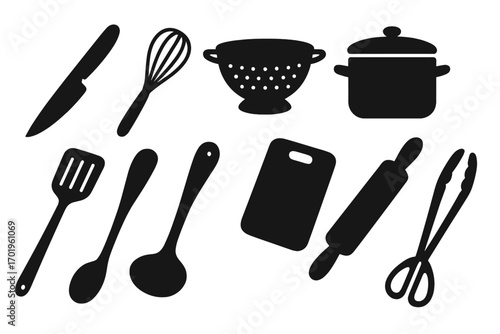 Cooking utensil silhouette icon set. Kitchen equipment vector collection. Knife, pot, whisk, colander, spatula, ladle, cutting board, rolling pin, tongs icons.