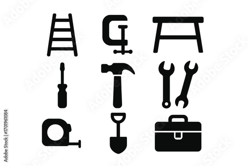 Minimalist black tool icon set for construction and repair. Vector silhouette collection of handyman equipment like hammer, wrench, ladder, screwdriver, clamp, and toolbox.